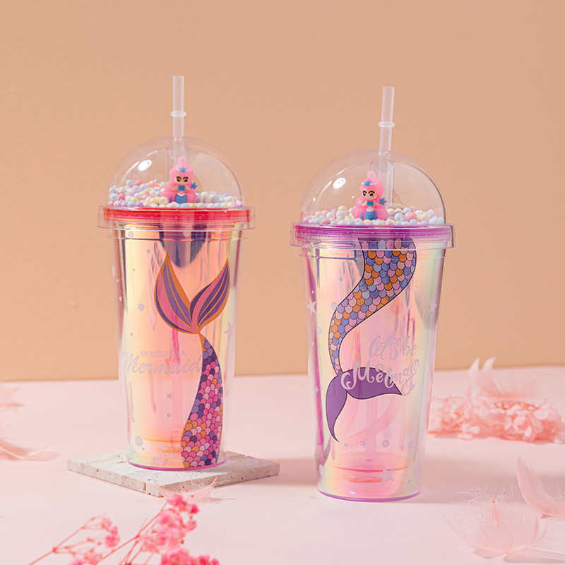 Cross-Border Sales Of Double Plastic Straw Cup Creative Cartoon Mermaid Laser Plastic Cup Net Red Micro Landscape Water Cup