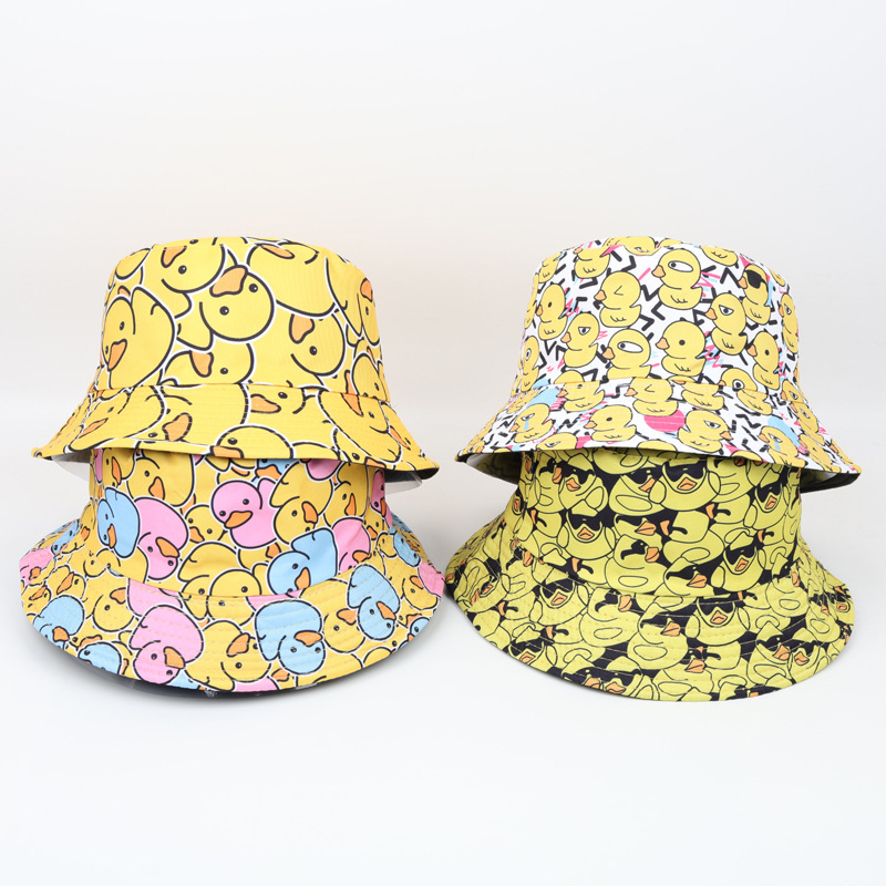 Cross-Border Small Yellow Duck Printed Fisherman Hat Europe And The United States Outdoor Sunshade Sunscreen Basin Hat Fashion Cartoon Sunshade Sun Hat Specification drawing