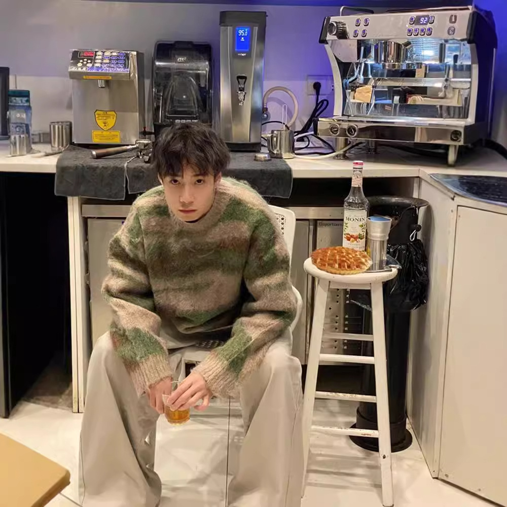 Mohair color-blocking striped patchwork sweater, men's laid-back style, high-end feel, Japanese retro couple knitted sweater, jacket trend