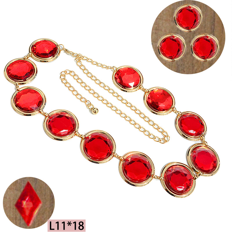 Wholesale of cross-border European and American women's mirror casual decorative waist belts, resin crystal ruby metal waist chains