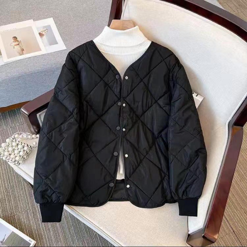Korean Version Of Large Size Cotton-Padded Women's Short Rhombelled Collarless Small Fragrance Light Winter Cotton-Padded Coat Coat details Picture