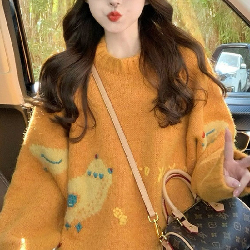 2025秋冬新款宽松慵懒感韩系套头针织衫休闲减龄卡通图案毛衣女详情4