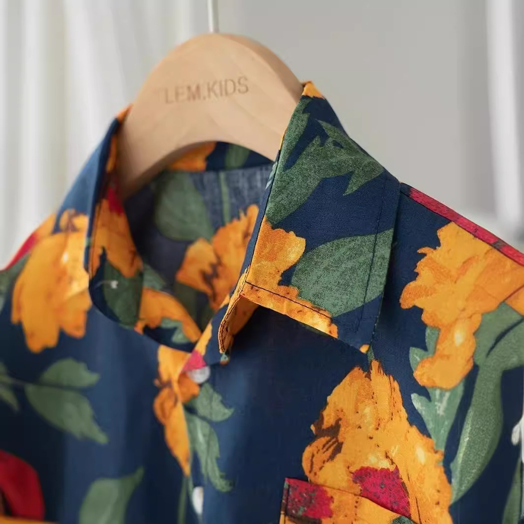 儿童男童衬衫2024中小童宝宝新款短袖港风碎花衬衣套装两件套夏装