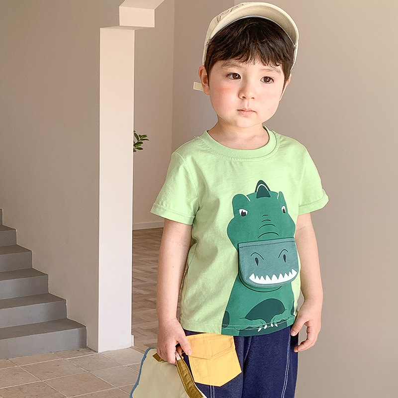 Boys' short-sleeved T-shirt, summer children's pure cotton cartoon dinosaur top, baby summer clothing, children's half-sleeved T-shirt, children's clothing