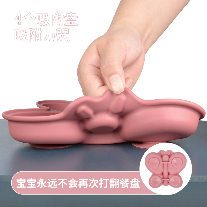 Children's cartoon butterfly compartment silicone dinner plate 2-piece set, complementary food dinner plate, food-grade silicone dinner plate Item Picture