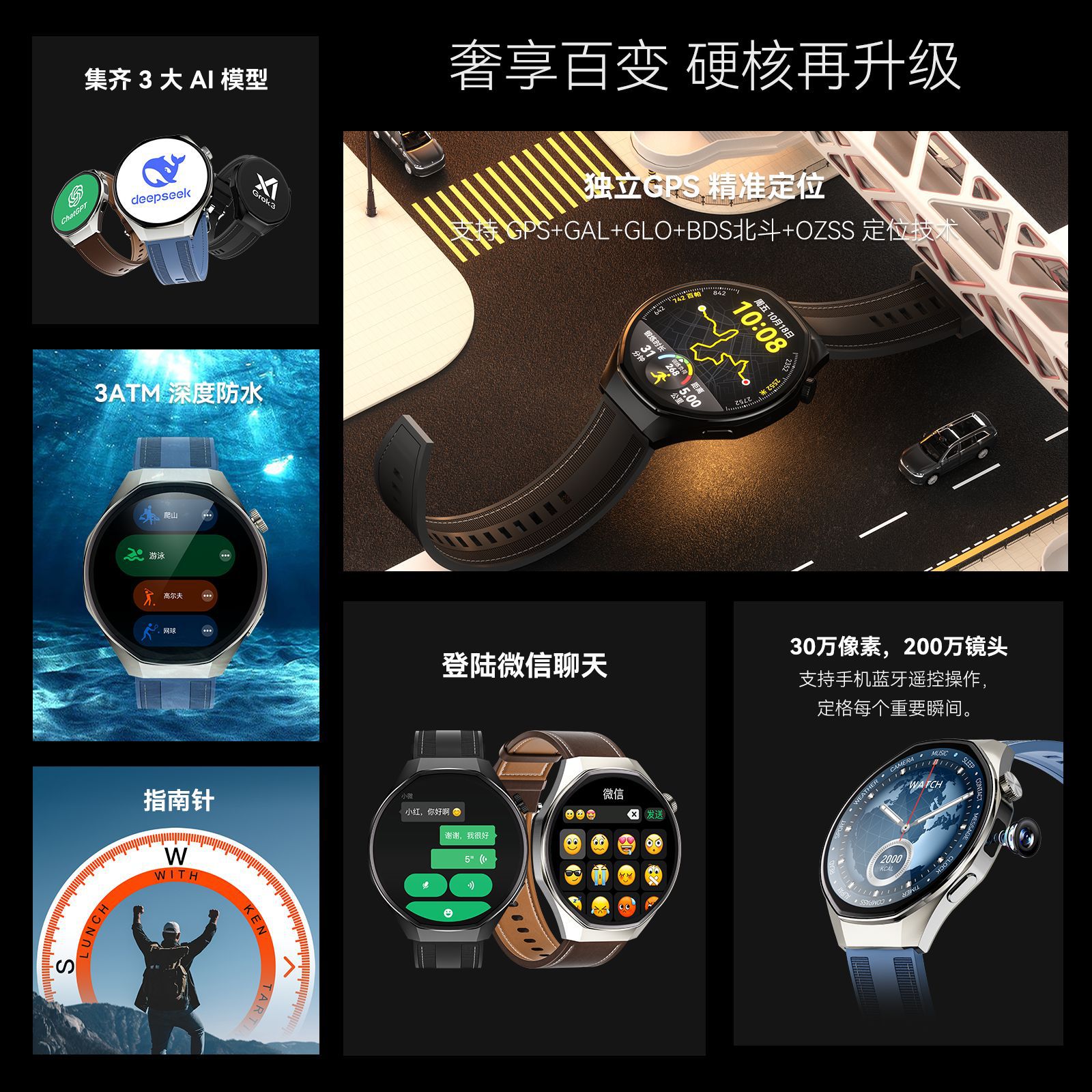 The M9 smartwatch features independent GPS, 80,000-pixel high-definition photography, swimming water resistance, fingertip answering, dual payment, AI, and three cores Application Scenario