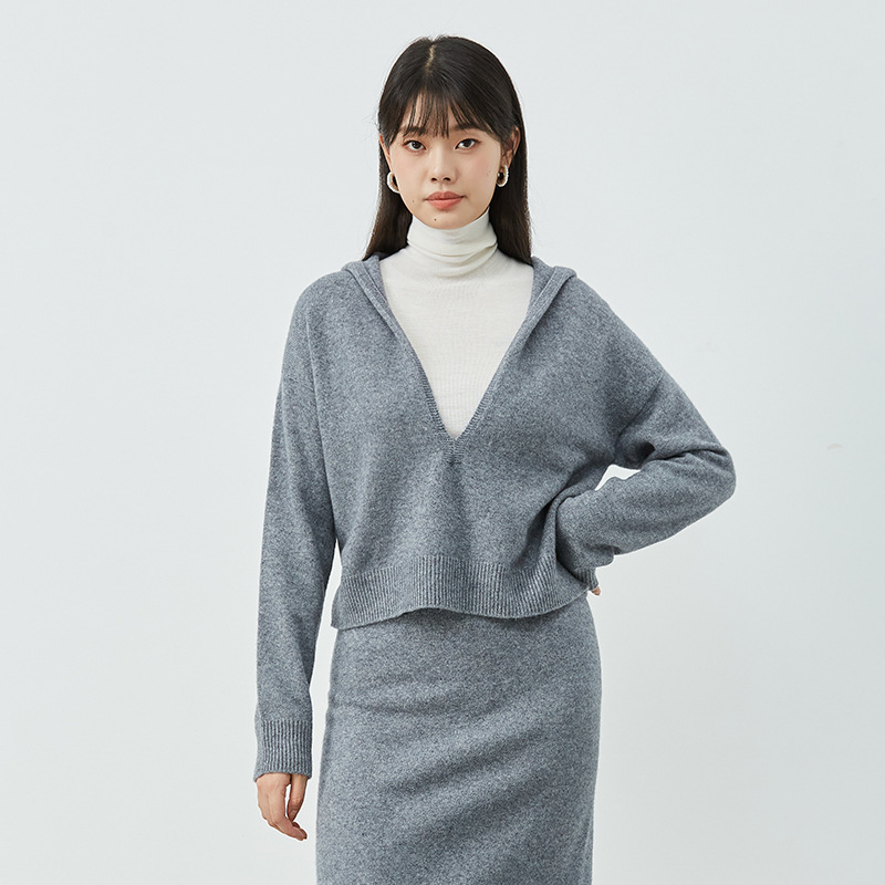 New seamless hooded long-sleeved 100% wool knitted sweater, hoodie and sweater for autumn and winter, fashionable and versatile set for women's wear Specification image