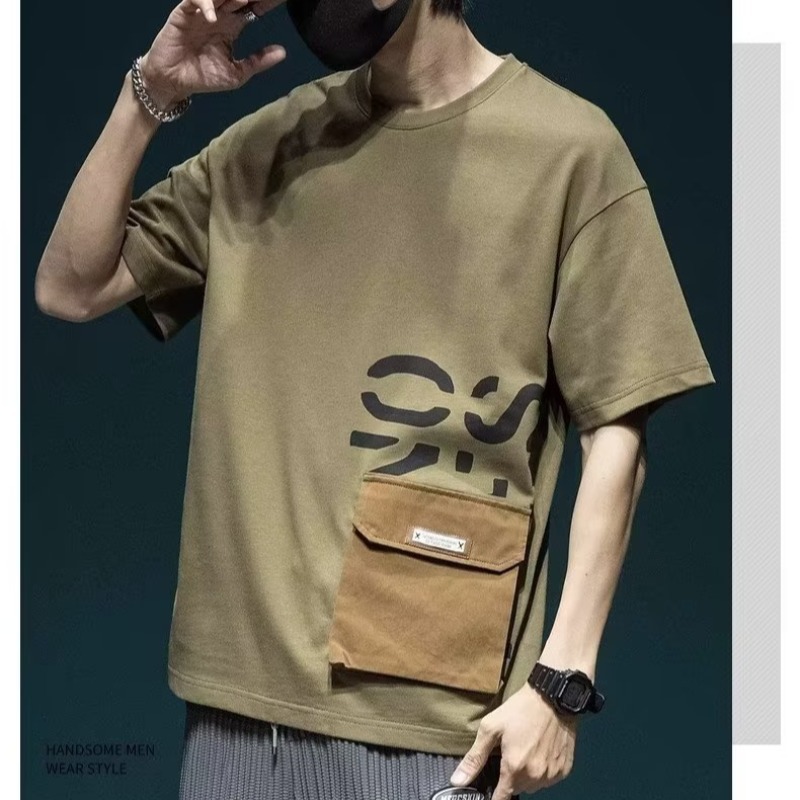 Pocket design short-sleeved T-shirt for men, a trendy brand, half-sleeved cotton top for men, loose and plus-size summer T-shirts for fat people Specification image