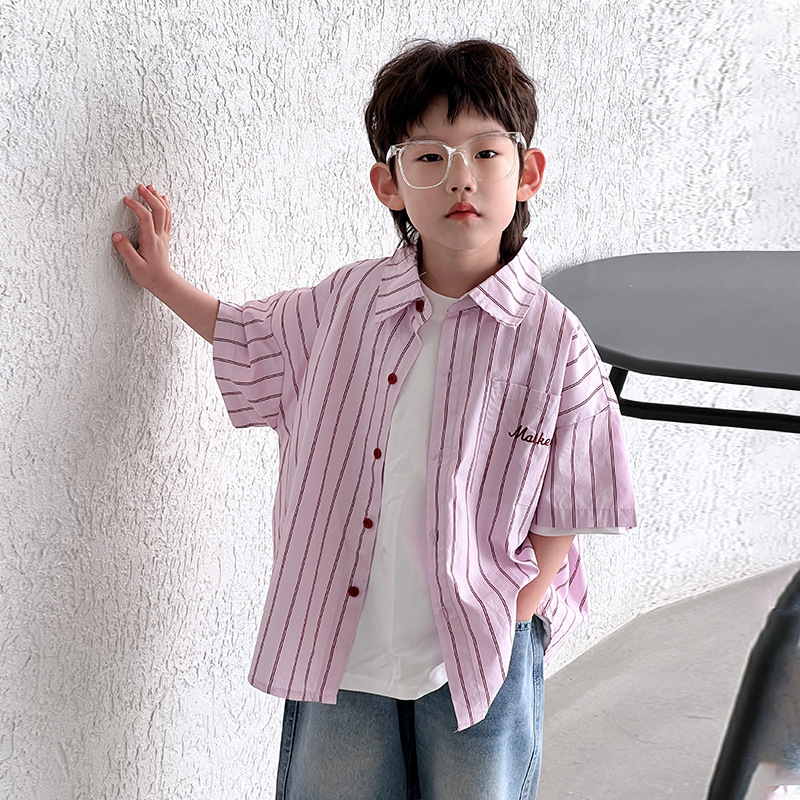 童装夏装男童条纹衬衫儿童短袖衬衣夏款2024夏季新款休闲上衣批发