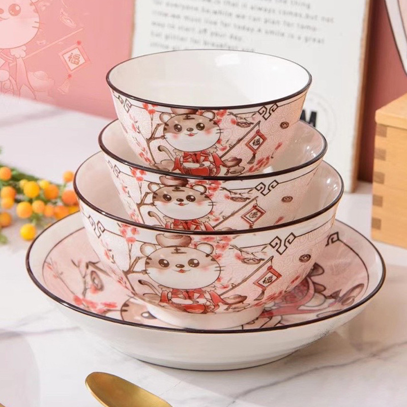 Tiger Year Bowl zodiac gift, Chinese-style bowl and plate gift, ceramic tableware, home Chinese-style Tiger Roar and power bowl and plate set Application Scenario