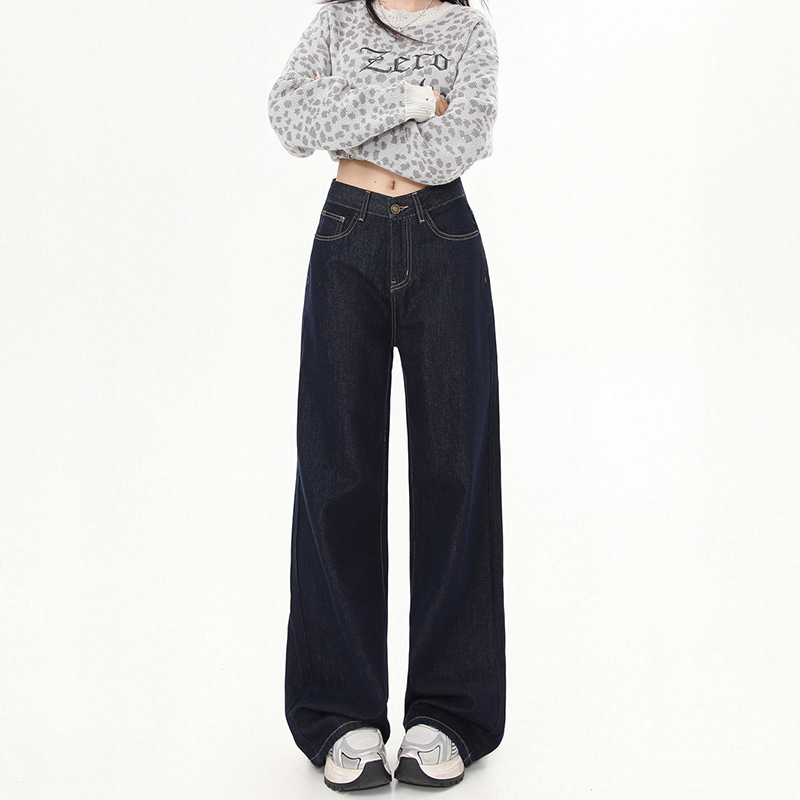 Denim deep blue natural-color jeans for women 2024 autumn/winter, loose, narrow, wide-leg, high-waist, slimming, laid-back, floor-length pants Application Scenario