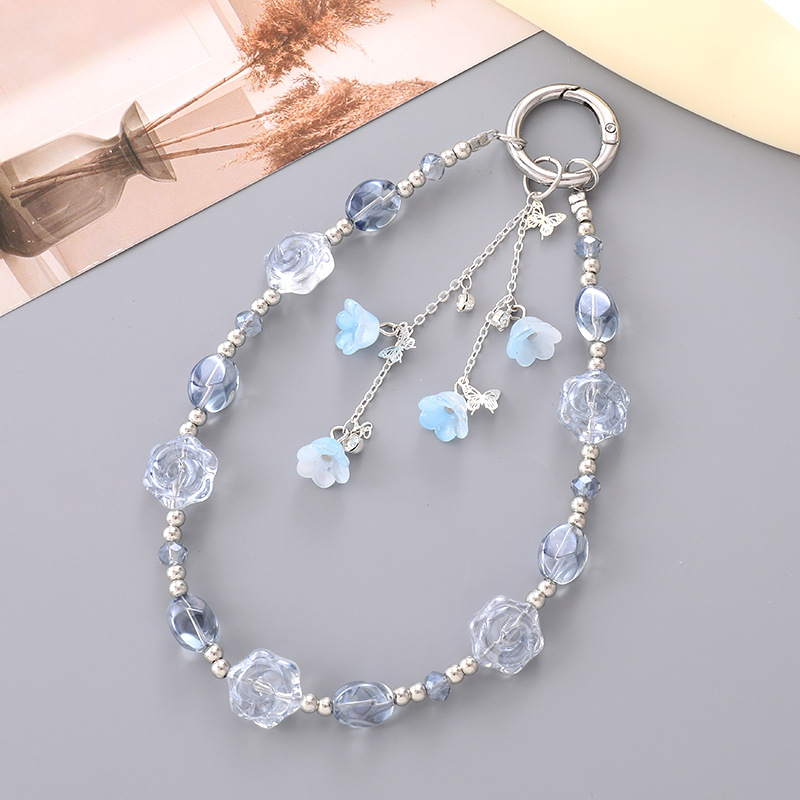 Light luxury and fashionable color-plated rose beaded car keychain, trumpet flower Ins-style mobile phone, luggage and pendant pic 16
