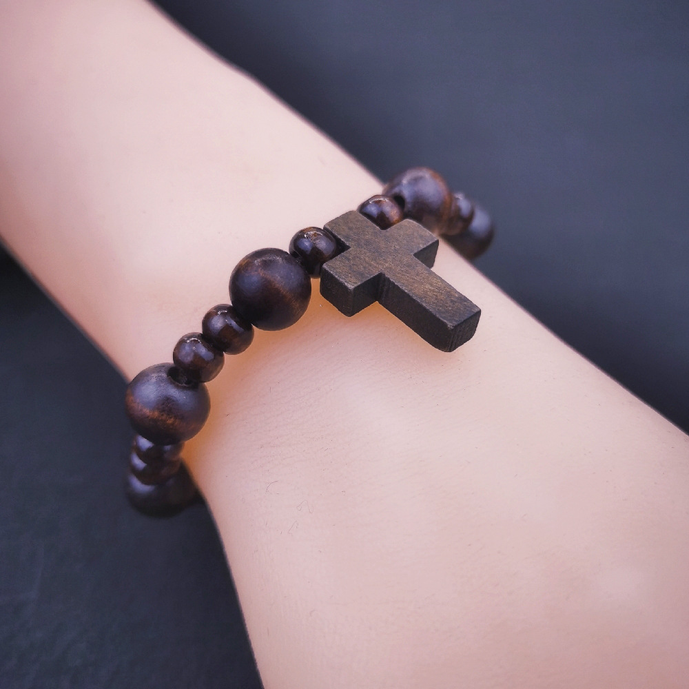 Europe And The United States Cross-Border Amazon Temu Foreign Trade Selling Retro Wood Bead Cross Bracelet For Men And Women Handmade Elastic Bracelet Couple Jewelry details Picture