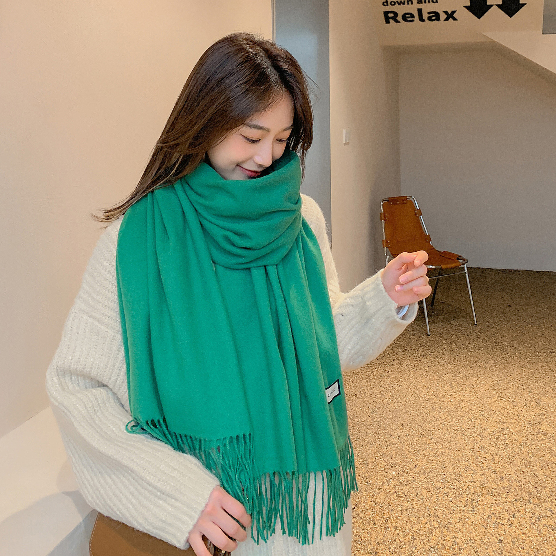 Red Scarf Women 2024 New Solid Red Scarf Cashmere Wool Autumn And Winter Imitation Cashmere Scarf Men Wholesale Specification drawing