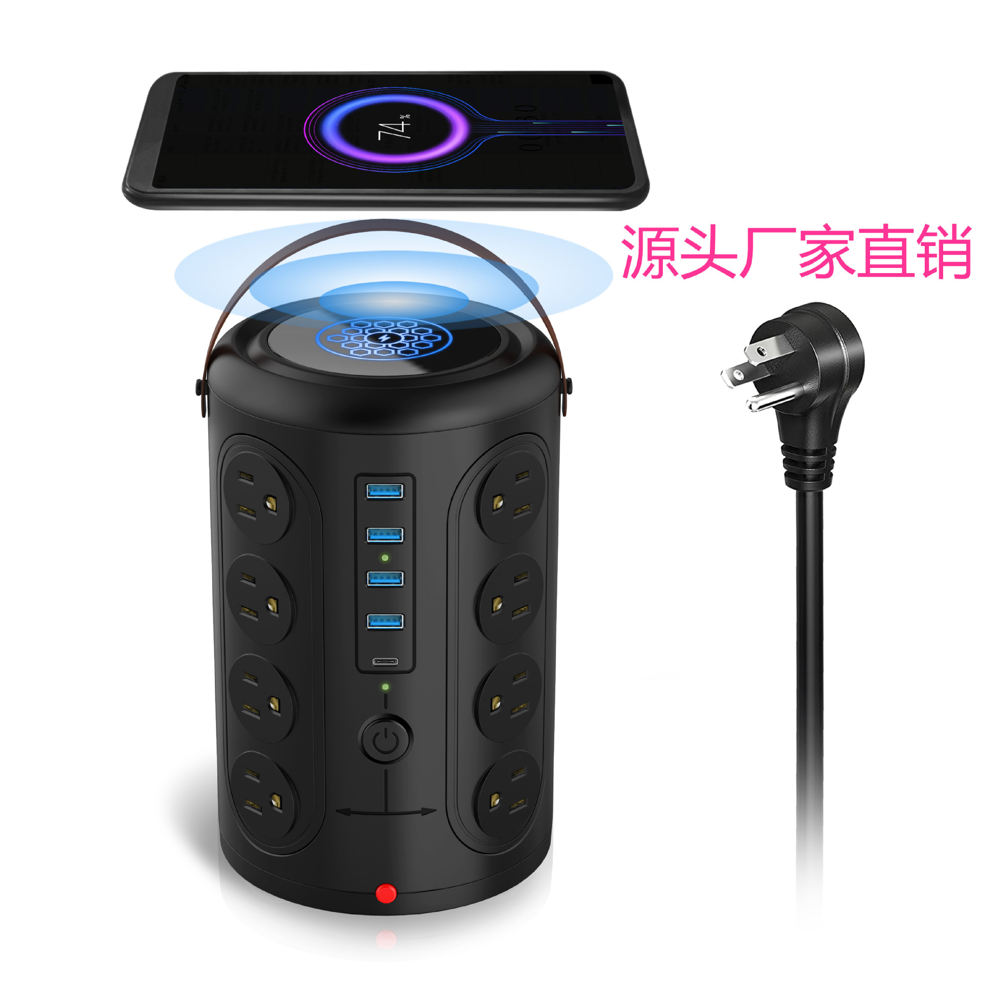 Cross-border US-standard smart tower socket with wireless charging, multi-functional vertical charging USB power strip, overload and surge protection