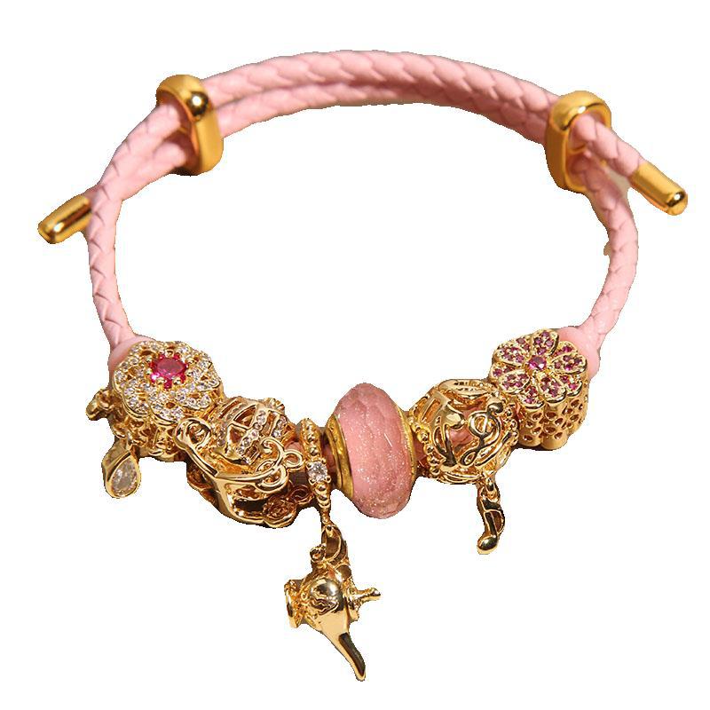 Pan estilo rosa cuerda de cuero aladdin lámpara mágica pulsera mujeres ins nicho ligero lujo alto sentido pulsera de flores mano cadena Item Picture