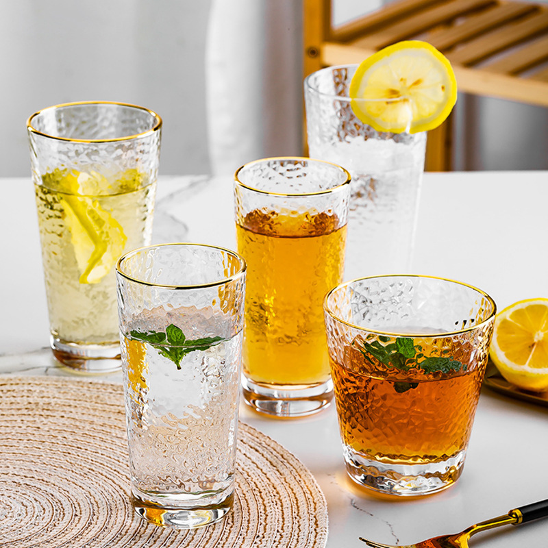 Clear Glass Gift Creative Gold Border Water Glass Hammer Glass Home Teacup Juice Beer Glass Set