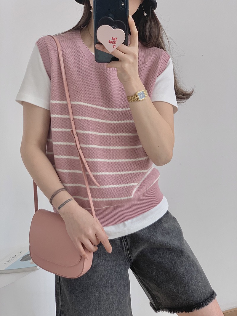 韩国春季新款韩版简约横条纹宽松圆领针织小马甲背心女上衣2727