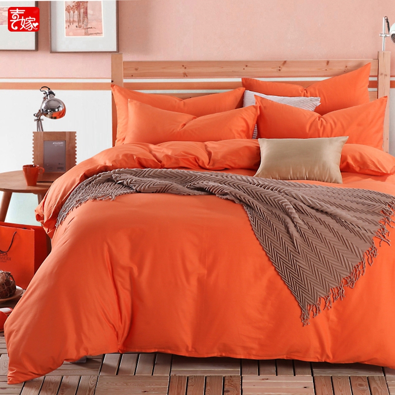 38N Bed Solid Color Four-Piece Set Pure Cotton 100 Sheets Bed Cap Simple Plain Orange Quilt Cover Four Seasons Bed Product 4