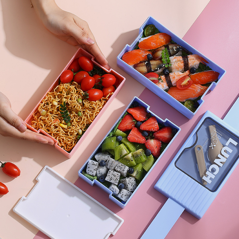 Japanese-style double-layer plastic lunch box, office worker lunch box, microwave oven sealed insulated lunch box, portable student lunch box Specification image