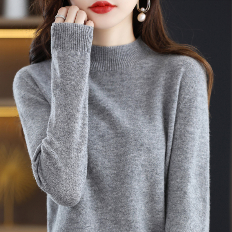 First-line ready-to-wear semi-high-neck wool sweater for women's autumn and winter, simple and versatile cashmere sweater, loose pullover knitted base layer Item Picture