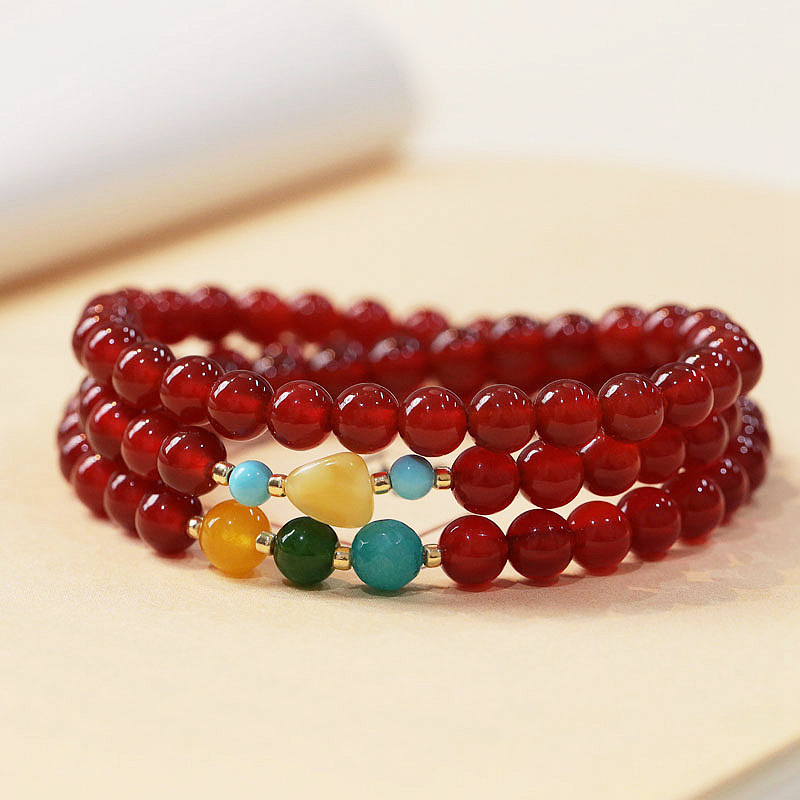 天然三圈红玛瑙圆珠手链简约设计女本命年复古多宝红手串饰品批发