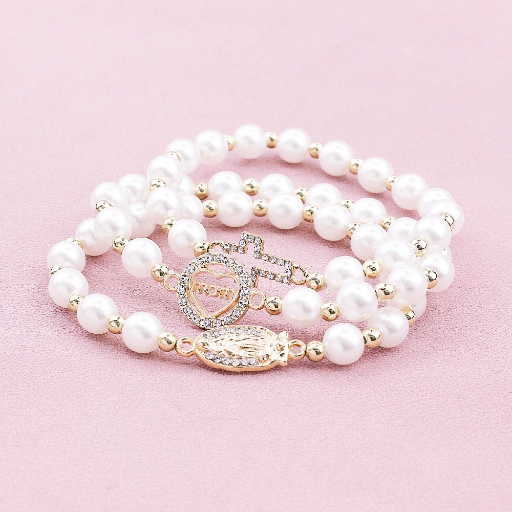 Europe And The United States Foreign Trade Amazon Cross-Border Sales Of The Mother Of Mary Cross Imitation Pearl Bracelet Set Women's Bracelet Couple Gift Manufacturers Wholesale