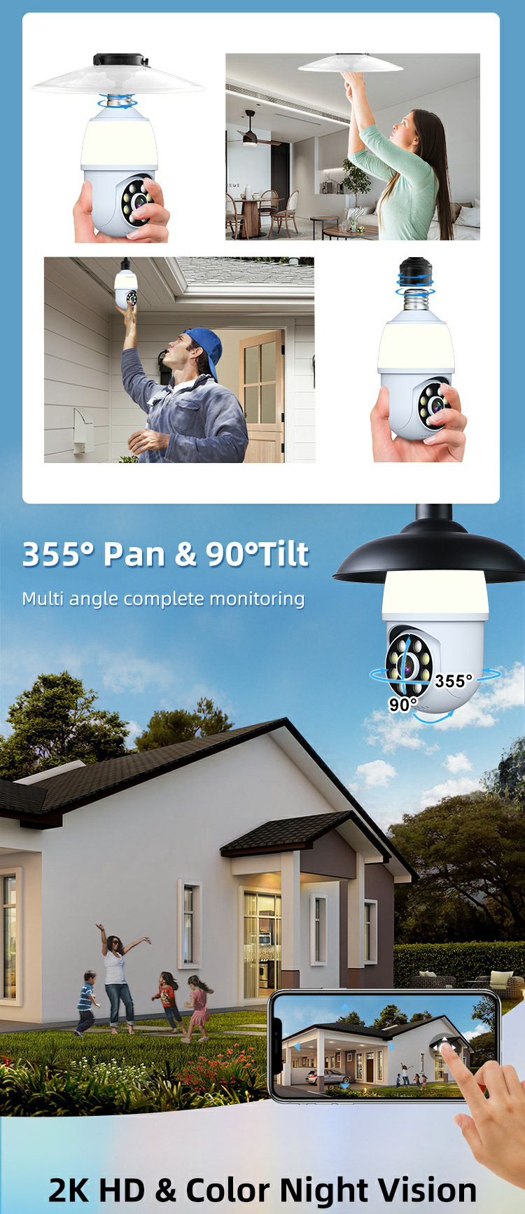 Monitoring of waterproof bulbs from the source factory, cameras with lights, and outdoor smart wireless 2K lamp heads for cross-border trade bestsellers pic 7