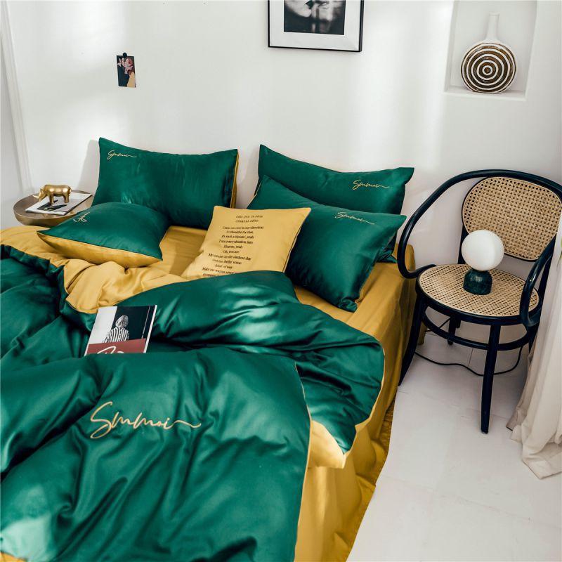 Dark green 60s long-staple cotton solid color two-piece four-piece set, pure cotton simple solid color two-piece bedding, skin-friendly for naked sleep, 6*7 Specification image