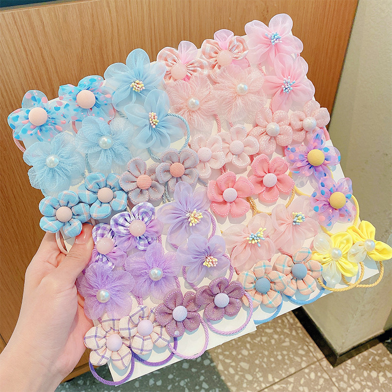Korean Children's Rubber Band Flower Mesh Hair Cord Little Girl Cute Pearl High Stretch Tie Hair Cord Girls Hair Accessories Specification drawing
