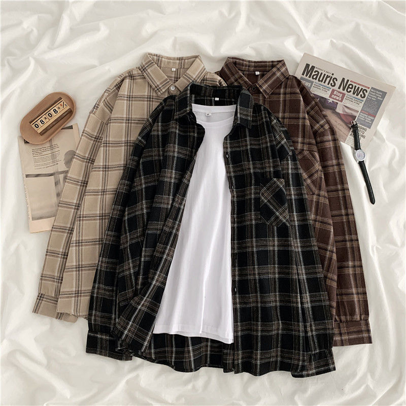 Retro mid-length checked shirt for women, long-sleeved Hong Kong-style loose plus-size women's wear, Korean style spring outerwear student top details Picture