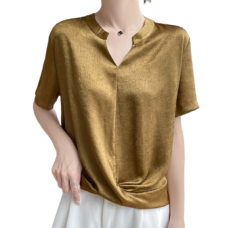 Women's summer high-end V-neck T-shirt, belt-covering shirt, acetate satin thin cross-style business plus-size short-sleeved top Item Picture
