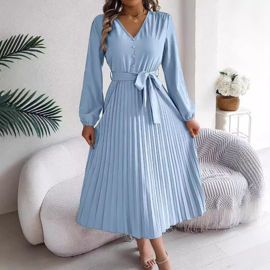 Elegant V-neck button tie large pleated long dress for Amazon cross-border women's clothing in autumn and winter 2024 Specification drawing
