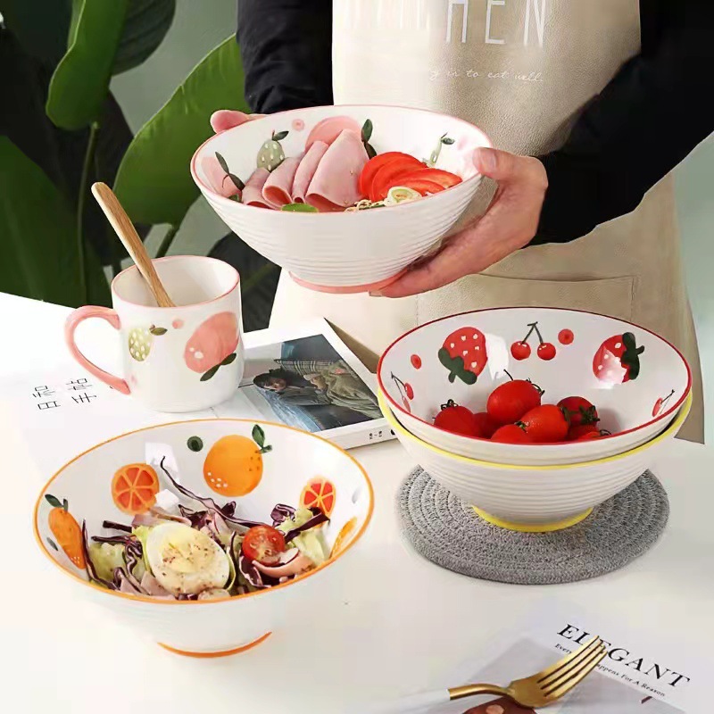 ins创意日式陶瓷沙拉碗家用大号网红泡面碗喇叭碗斗笠碗手绘餐具详情图1