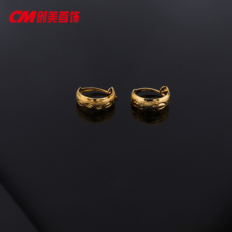 Chuangmei Jewelry 24K gold-plated round matte striped plain ear loops and ear buckles, cold and high-end Japanese and Korean style earrings for women Specification image