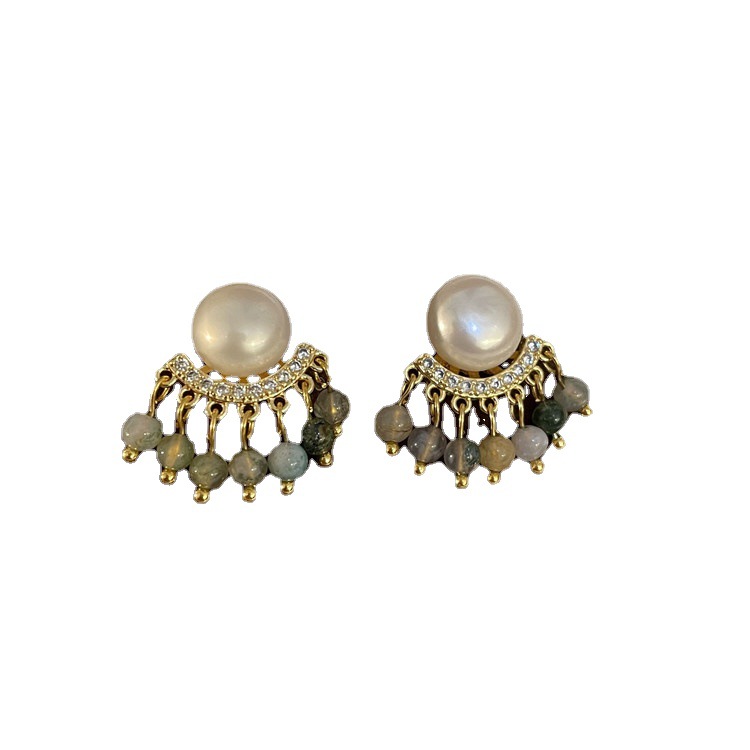 Unique National Style Natural Pearl Tourmaline Tassel Earrings High-Grade Retro Light Luxury Studs Short Drop Gift Item Picture