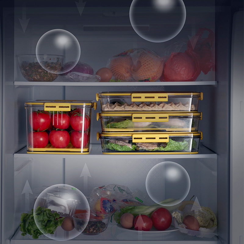 Refrigerator storage box Plastic kitchen organizer Time frozen food grade PET sealed large capacity transparent crisper Specification drawing