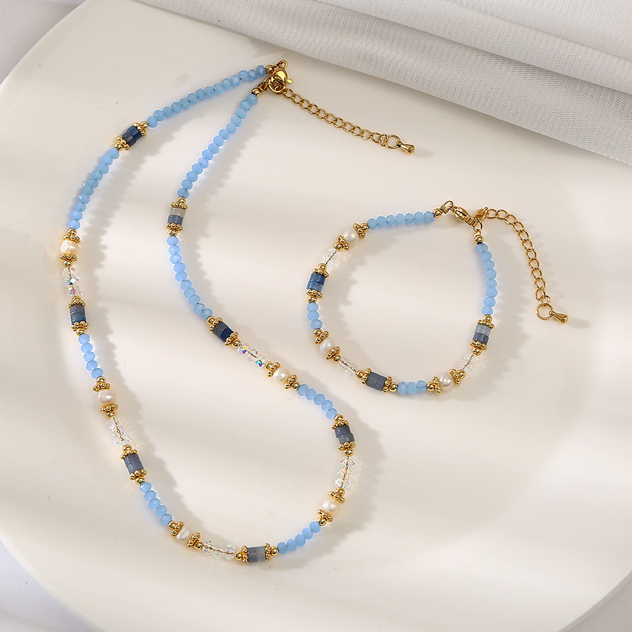 原创蓝东陵蓝白水晶淡水珍珠项链轻奢饰品小众百搭气质复古锁骨链