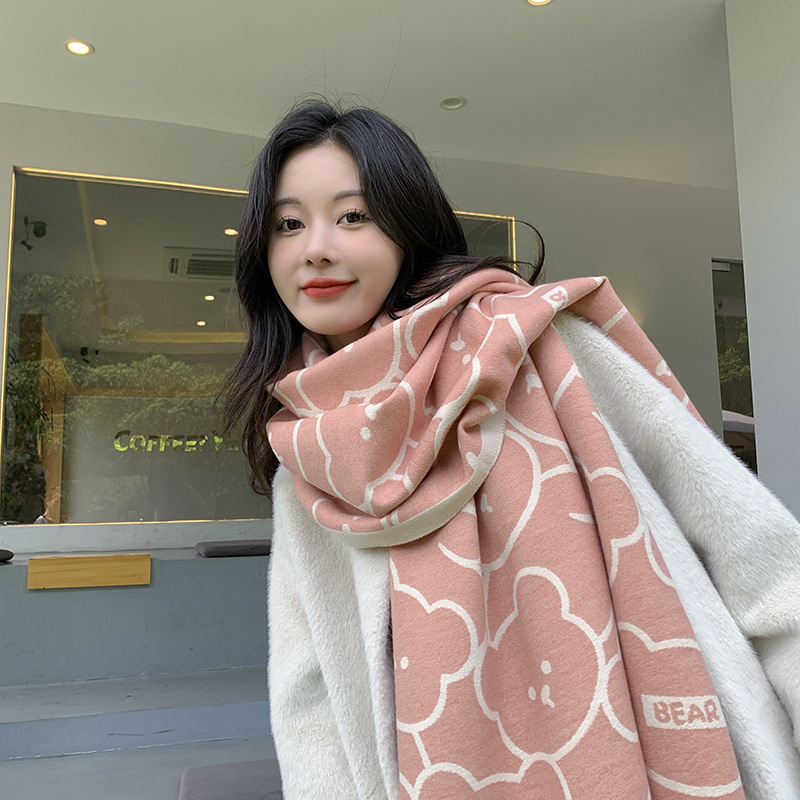 Cute Bear Cashmere Scarf Feel Tassel Shawl Soft Sister Winter Korean Student Scarf Warm Thick Neck details Picture