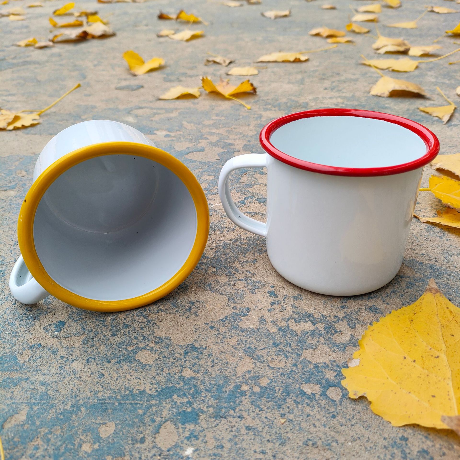 360ML white enamel cup, mug, coffee cup, colored rim with LOGO printed, thickened mouth cup, old-fashioned cup Specification image