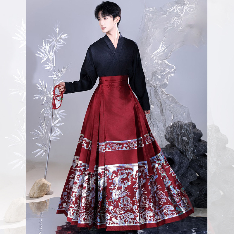The new Chinese-style Hanfu men's style from Peony Pavilion, featuring spring and summer gold and mother-of-pearl inlaid horse face skirts for daily commuting