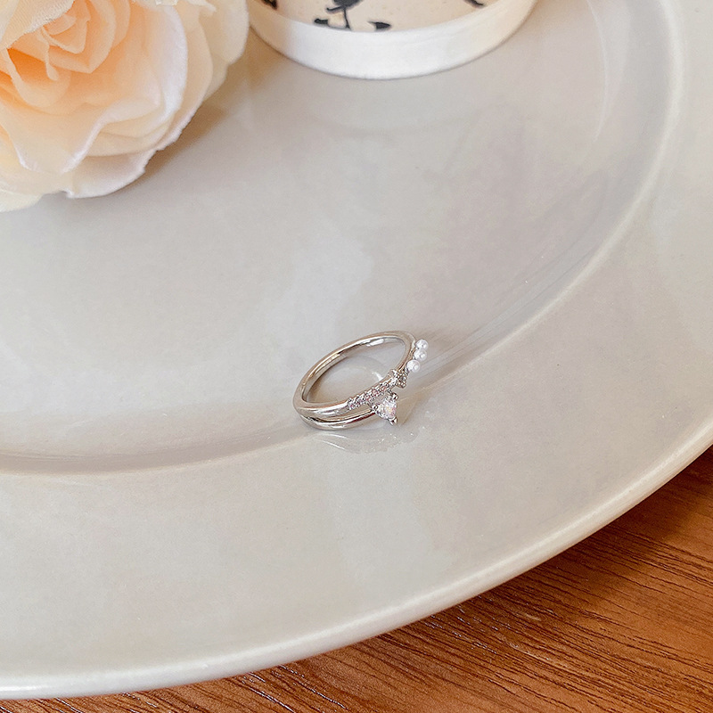 Love Zircon Pearl Ring For Women Delicate Sweet Niche Design Food Ring Opening Adjustable Hand Jewelry Wholesale Specification drawing