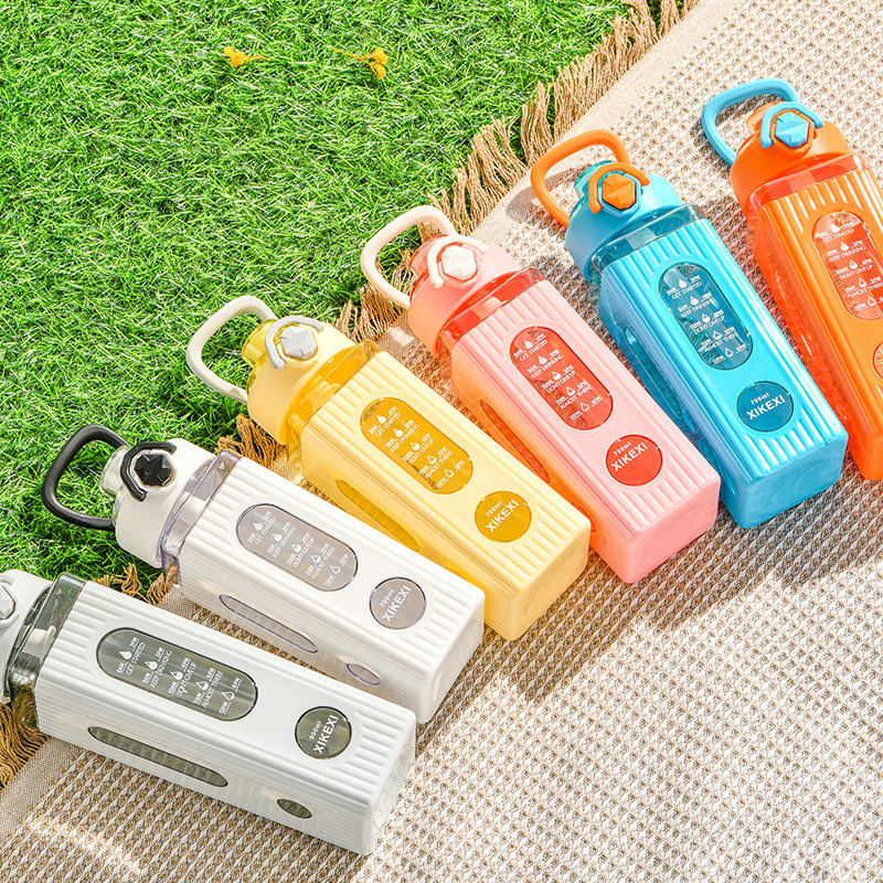 Temu亚马逊水壶弹盖手提方形水杯男户外运动直饮塑料杯学生太空杯