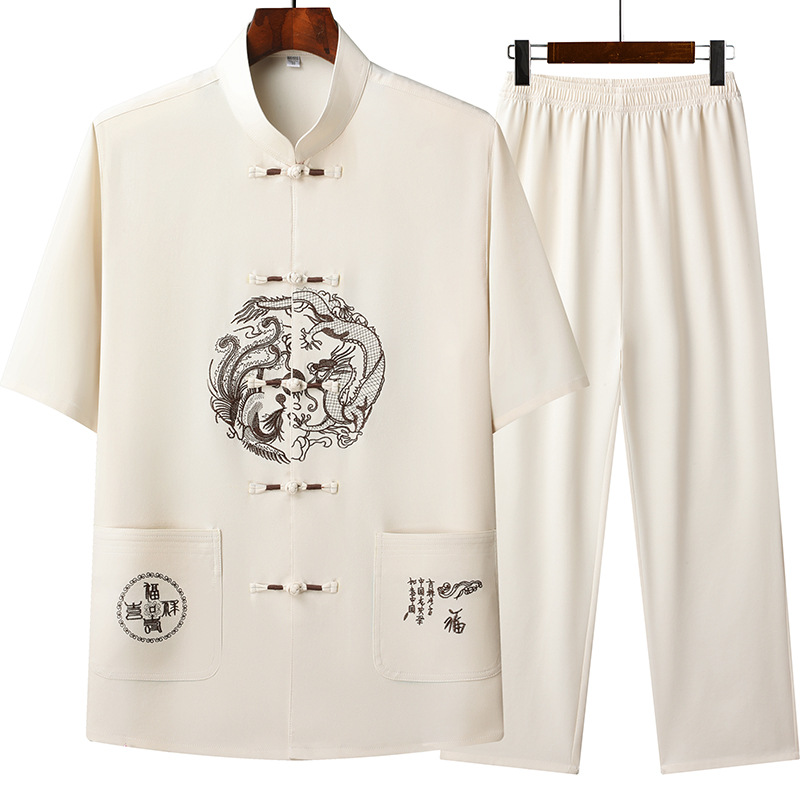Summer Chinese trend short-sleeved Tang suit for middle-aged and elderly men, ice silk summer suit set, dad's Chinese men's clothing, Tai Chi suit set details Picture