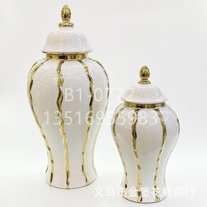 Ceramic electroplated golden-edge general bottle home decoration piece, light luxury handicraft decoration soft furnishing, living room entrance countertop decoration piece details Picture