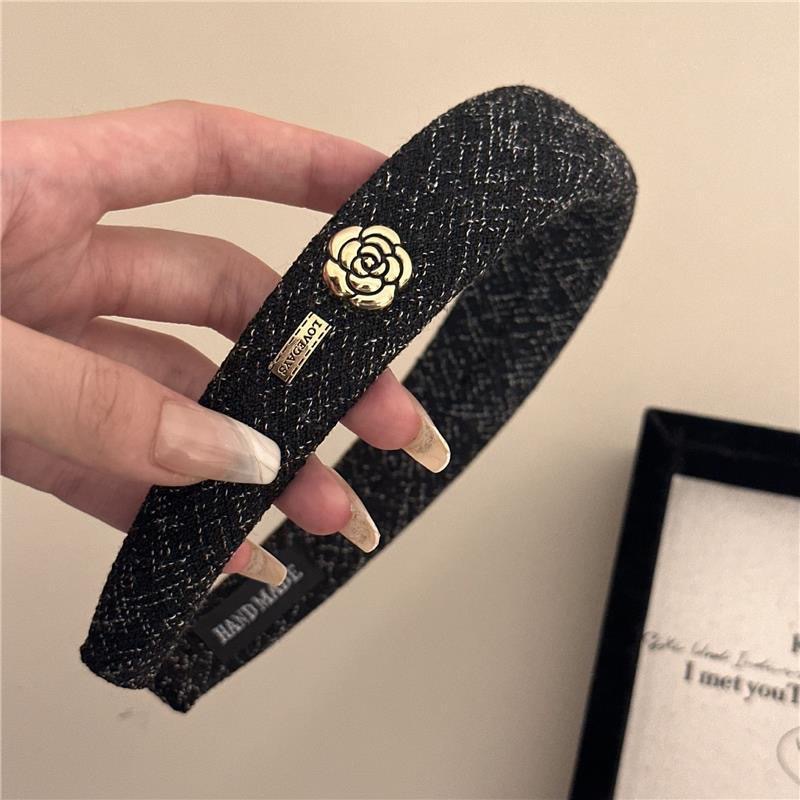 Elegant and retro camellia gold thread sponge hairband, high head Korean-style hairband, scented hairpin, elegant and girlish Specification image