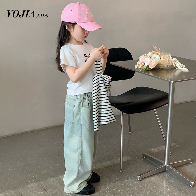 YOJIA Girls' Summer short-sleeved T-shirt 2024 New style Korean Slim Half-sleeved T-shirt Bow Children's top Specification image