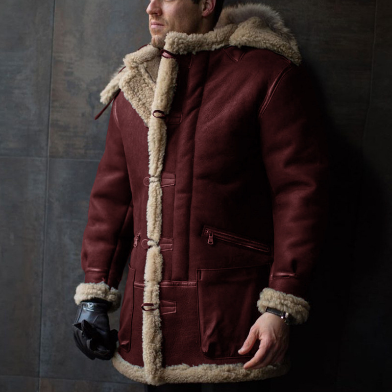 2021wish European and American solid-color fur one-piece hooded single-breasted overcoat, zipper pocket loose warm cotton-padded jacket for men Application Scenario