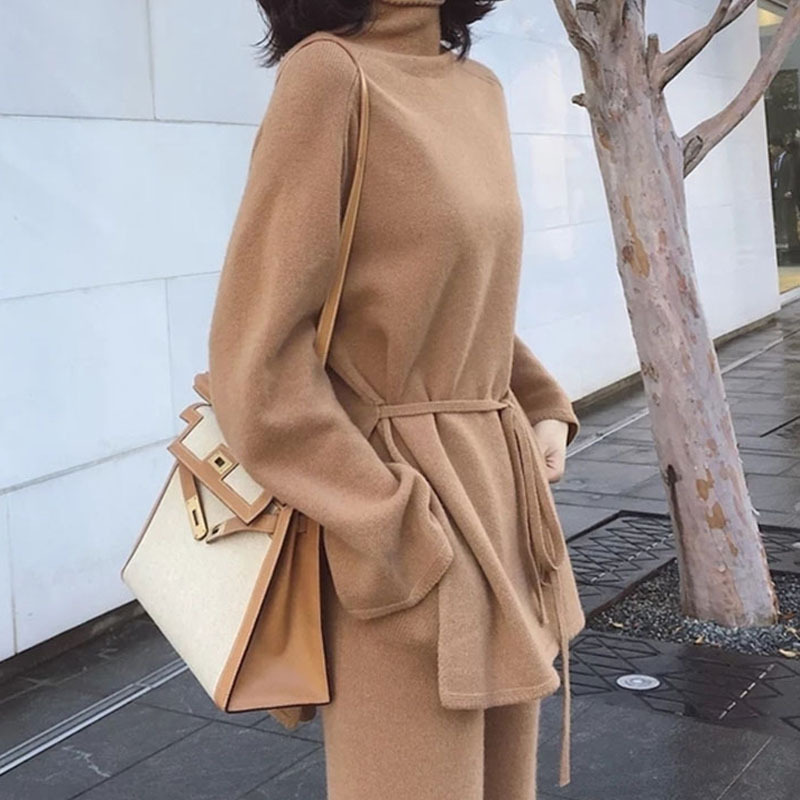 European and American cross-border solid-color knitted sweater set 2024 autumn/Winter fashion knitted lace-up top wide-leg pants two-piece set