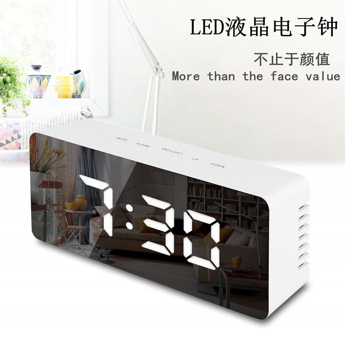 Original creative LED mirror alarm clock, digital perpetual calendar, fashionable electronic smart music alarm clock with adjustable brightness Application Scenario